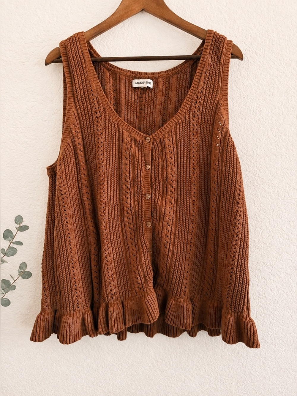 Lands End Cotton Boucle Ruffle Hem Sleeveless Sweater in Ginger Brown